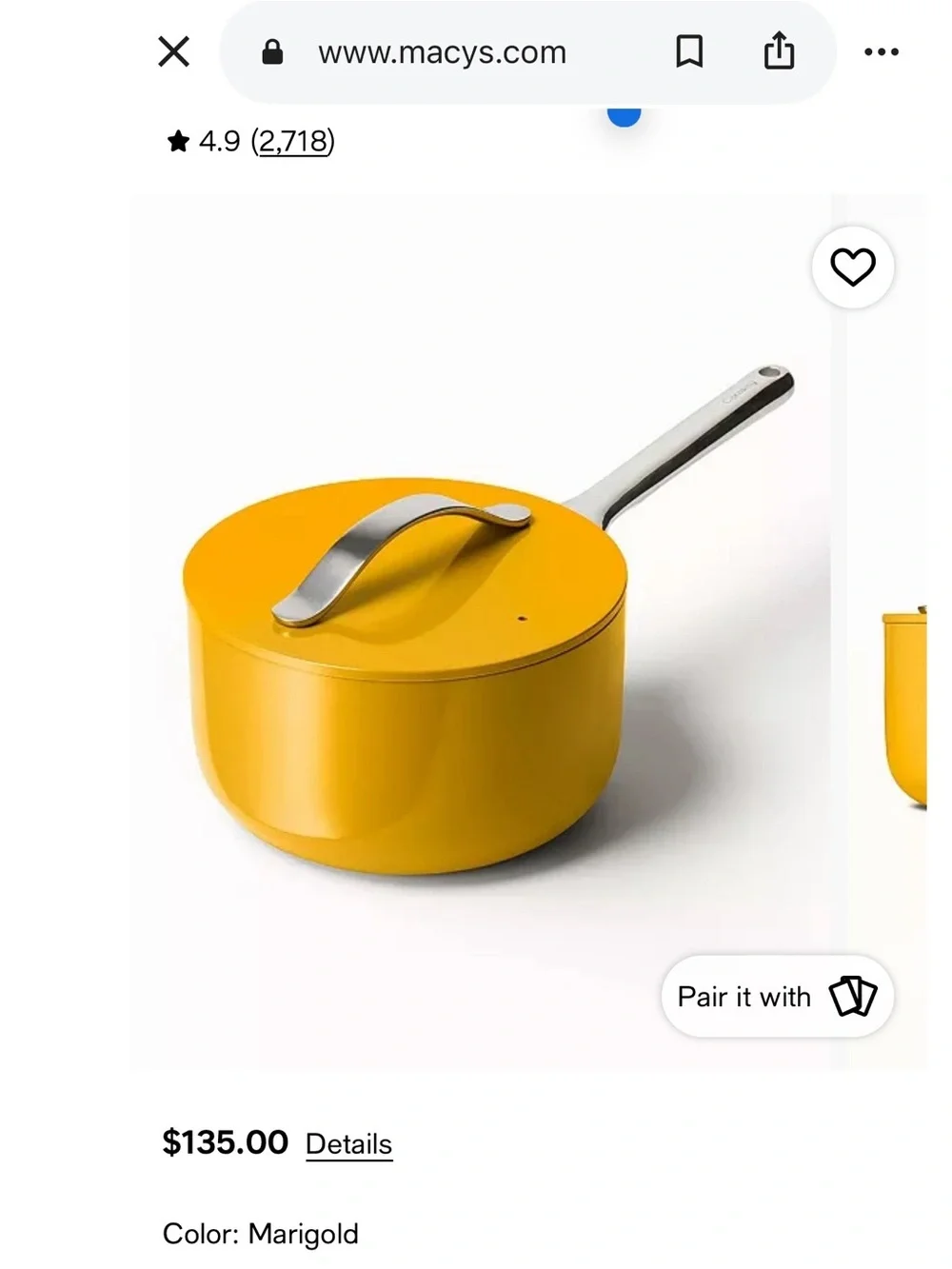 Caraway Non-Stick Ceramic 3 QT Sauce Pan in Marigold, MSRP $135